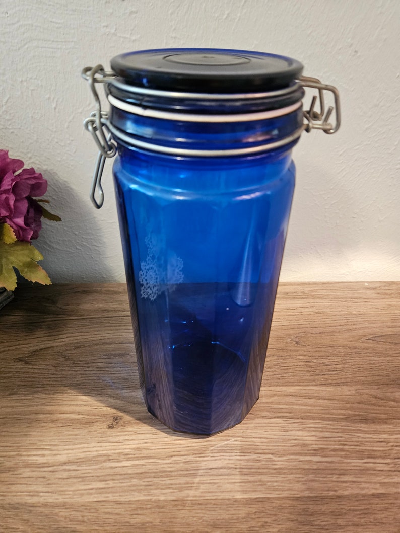 Vintage Style Blue Glass Kitchen Canister Flip Top Lid