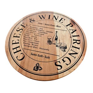 Vintage Cheese & Wine Pairings Board, Large Wooden Cheese Board, Wood Tray For Cheese, Round Cheese Board
