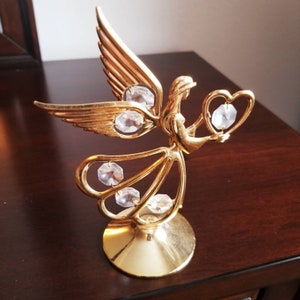 24 K Gold Plated Austrian Crystal Mascot Angel With Heart, Valentine&#39;s Day Gift, Crystal Delight Angel Gift, Angel Figurine