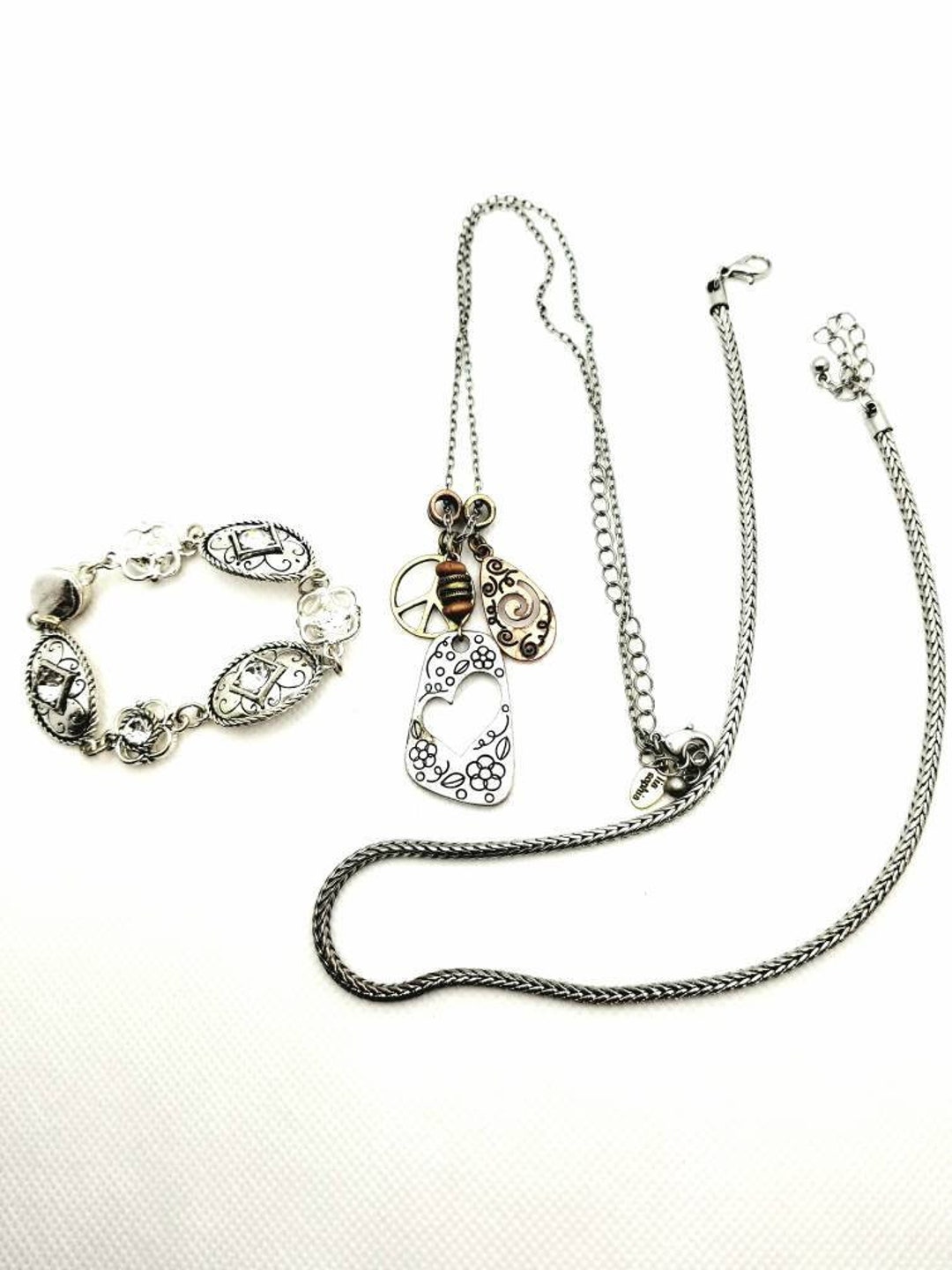 Vintage Matching Jewelry Set, Peace Charm Lover Heart Necklace