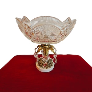 Bol vintage en laiton et cristal au plomb avec prismes en cristal, bol lustre avec base en marbre, bol piédestal en cristal, centre de table de luxe