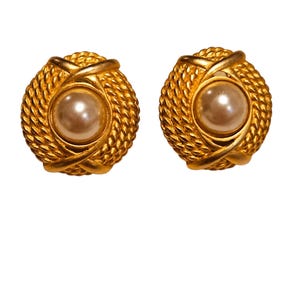 Vintage Gold Tone Rope Knot Faux Pearl Clip Earrings, Vintage Jewelry, Costume Jewelry