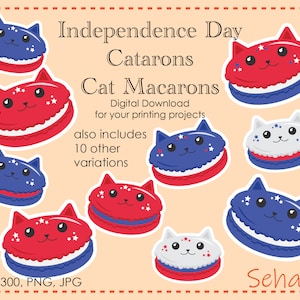 Självständighetsdagen 4 juli söta söta kawaii kataroner katt franska macarons bakverk clipart digital nedladdning
