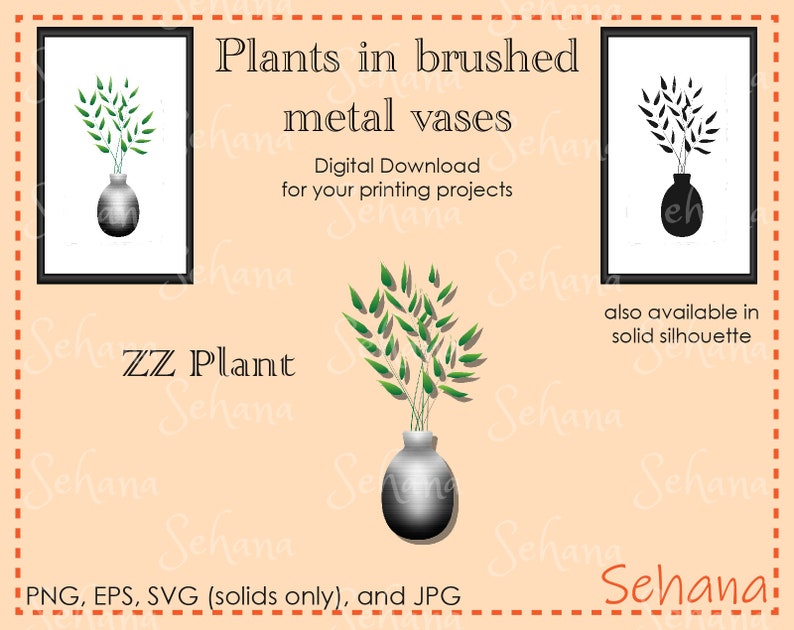 ZZ Plant Oval Brushed Metal vase Vector Plant Digital Download image 1