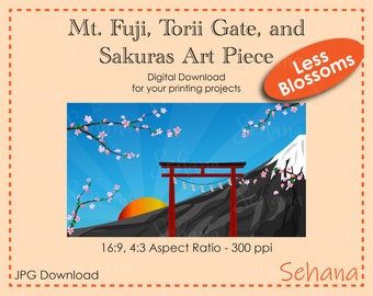 Mt. Fuji, Torii Gate, and Sakura (Less Blossoms) Vector Digital Download landscape horizontal orientation. 16-9, 4-3 aspect ratio
