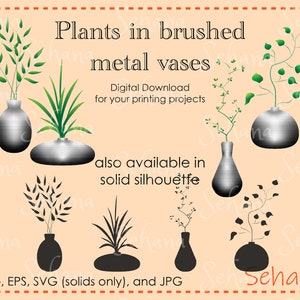 Vector Plants in Brushed Metal vases, 4 prints for Digital Download, digital art, printable wall art. Includes the color and solid set.