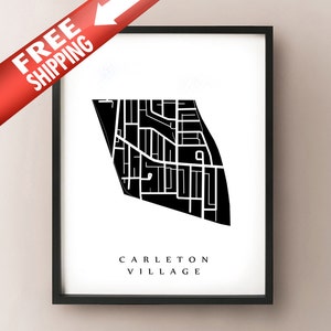 Puede incluir: Impresión enmarcada en blanco y negro con un mapa estilizado de Carleton Village. El diseño minimalista incluye el texto "CARLETON VILLAGE" en la parte inferior. Una pancarta roja con "FREE SHIPPING" está en la esquina superior izquierda.