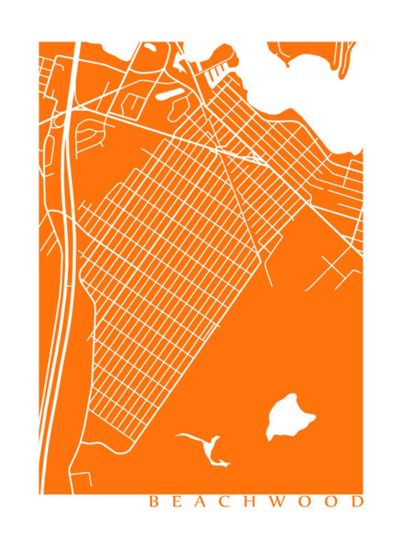 May include: An orange and white map of Beachwood, Ohio. The map features a grid of streets and roads, with a coastal area and the text "BEACHWOOD" at the bottom. The design is minimalist and graphic, suitable for wall art or home decor.