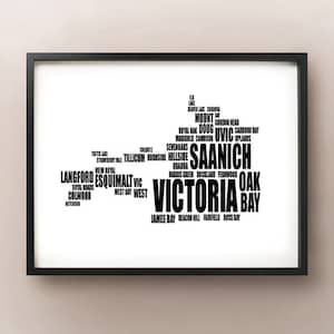 Carte typographique de Victoria, impression d’art textuel de la Colombie-Britannique