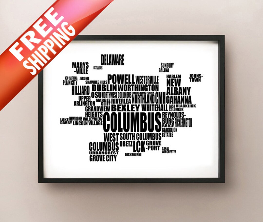 Columbus Typography Map, Greater Columbus, Ohio Text Art Print - Etsy