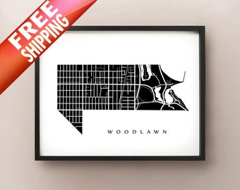 Mapa de Woodlawn - Impresión de Arte de Barrio de Chicago
