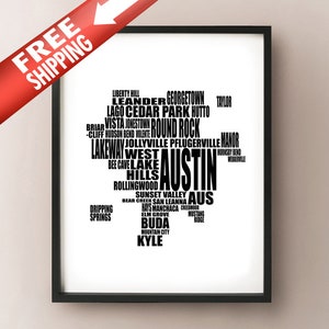 Austin Typography Map, Greater Austin, Texas Text Art Print
