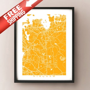 May include: Framed map print of Hingham, Massachusetts, in a vibrant yellow and white color scheme. The detailed cartography highlights the town's roads and waterways. The print is encased in a black frame.