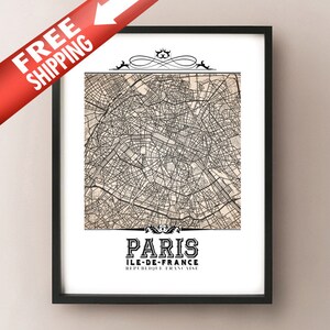 Impressão artística de mapa sépia estilo vintage de Paris - Decoração de mapa da cidade de Paris, França - Ile-de-France