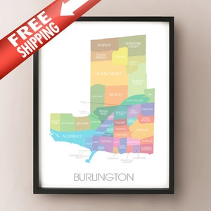 Burlington, ON Carte - Print quartiers colorés