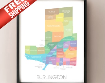May include: A framed print featuring a colorful map of Burlington, with each area labeled. The map is in a black frame, and the word "BURLINGTON" is printed in gray at the bottom. A red banner with a white arrow and the words "FREE SHIPPING" is in the upper left corner.
