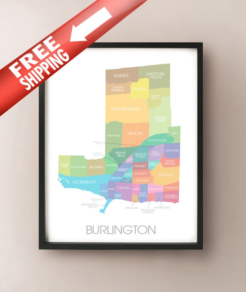 Burlington, ON Map - Coloured Neighbourhoods Print - Etsy