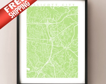 Ellicott City, MD Map - Baltimore Area, Maryland, USA Art Poster Print