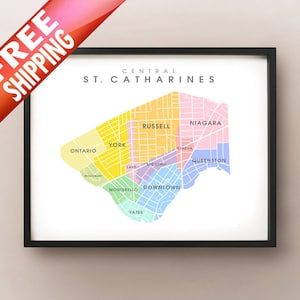 St. Catharines Central, ON Map Coloured Neighbourhoods Print image 1