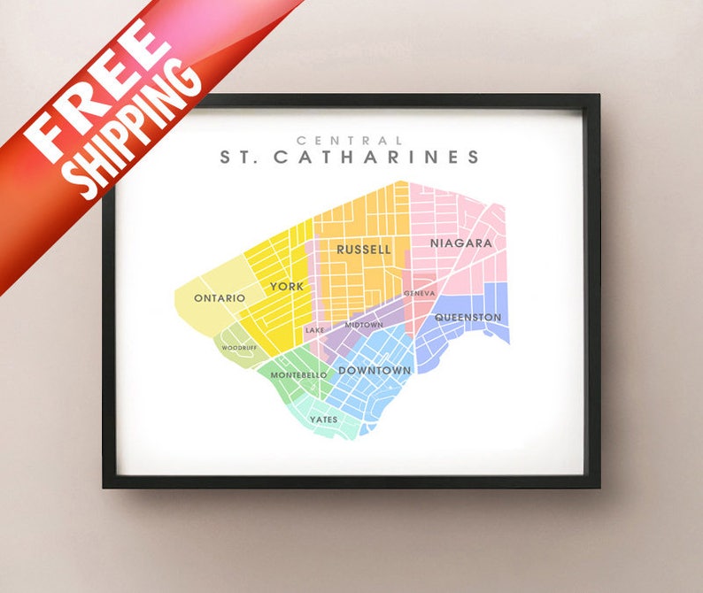 St. Catharines Central, ON Map Coloured Neighbourhoods Print image 1