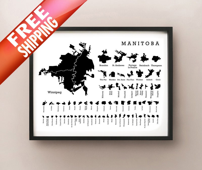 Manitoba Cities Silhouette Map Print