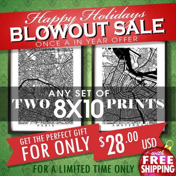 Two 8x10 Prints for 28 usd - Christmas SALE - Choose any two 8 x 10 -  Multiple Order Discount - Map Art Decor