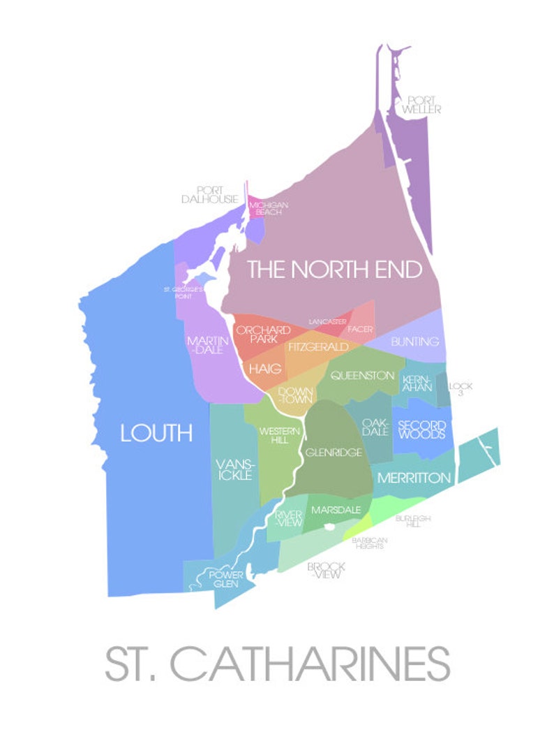 St. Catharines ON Map Coloured Neighbourhoods Print Etsy Canada