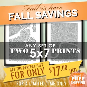 Two 5x7 Prints for 17 usd - Fall SALE - Choose any two 5&quot; x 7&quot; - Multiple Order Discount - Map Art Decor