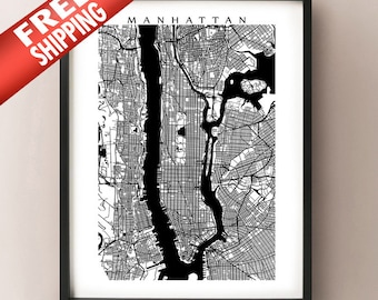Manhattan Karte Druck - schwarz und weiß - New York Poster