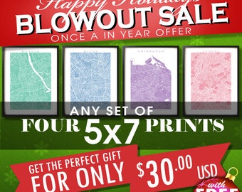 Four 5x7 Prints for 30 usd -  Christmas SALE - Choose any four 5" x 7" - Multiple Order Discount - Map Art Decor