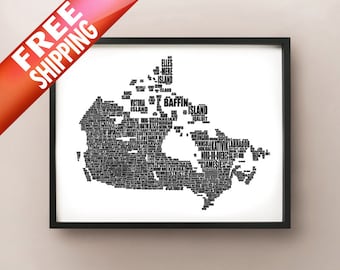 Könnte beinhalten: Eine gerahmte Schwarz-Weiß-Karte von Kanada, gefüllt mit den Namen von Städten und Regionen. Die Worte "FREE SHIPPING" werden in einem roten Banner in der oberen linken Ecke des Bildes angezeigt.
