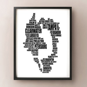 Carte typographique de la région de Tampa Bay, impression d’art textuel en Floride