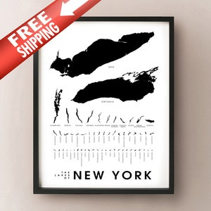 Impression de la carte des lacs de New York - État des États-Unis