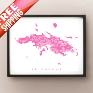 Mapa de St Thomas - Pôster das Ilhas Virgens dos EUA - Escolha a cor e o tamanho