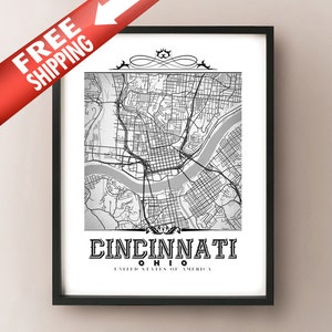 Impression d'art de carte en noir et blanc de style vintage de Cincinnati - décoration de carte de la ville de Cincinnati, Ohio