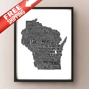 Wisconsin Typography Map, Wisconsin State Text Art Print