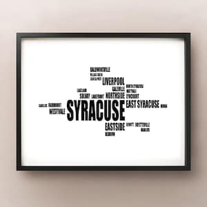 Syracuse Typography Map, Greater Syracuse area Text Art Print, New York City Font - Choisissez la couleur et la taille