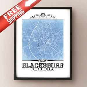 Blacksburg Vintage Style Blueprint Map Art Print - Blacksburg, Virginia City Map Decor