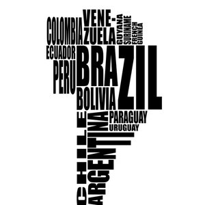 May include: A black and white graphic of the South American continent, formed by the names of the countries. The word "Brazil" is the largest, with other countries like Argentina, Colombia, and Peru also visible.