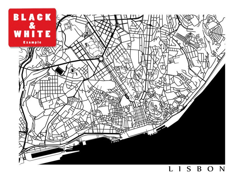 Op de afbeelding: Zwart-wit kaart van Lissabon, Portugal, met de straten en bezienswaardigheden van de stad. Het woord "LISBON" staat onderaan. Een rood vierkant linksboven leest "BLACK & WHITE Example".