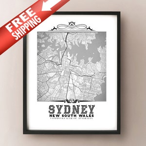 Impression d'art de carte en noir et blanc de style vintage de Sydney - décoration de carte de la ville de Sydney, Nouvelle-Galles du Sud