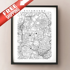 Kathmandu map - Black and White Wall Art - Nepal Art Poster, Mount Everest, Himalayas