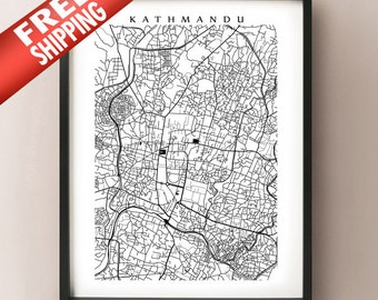 Carte de Katmandou - Black and White Wall Art - Nepal Art Poster, Mount Everest, Himalaya