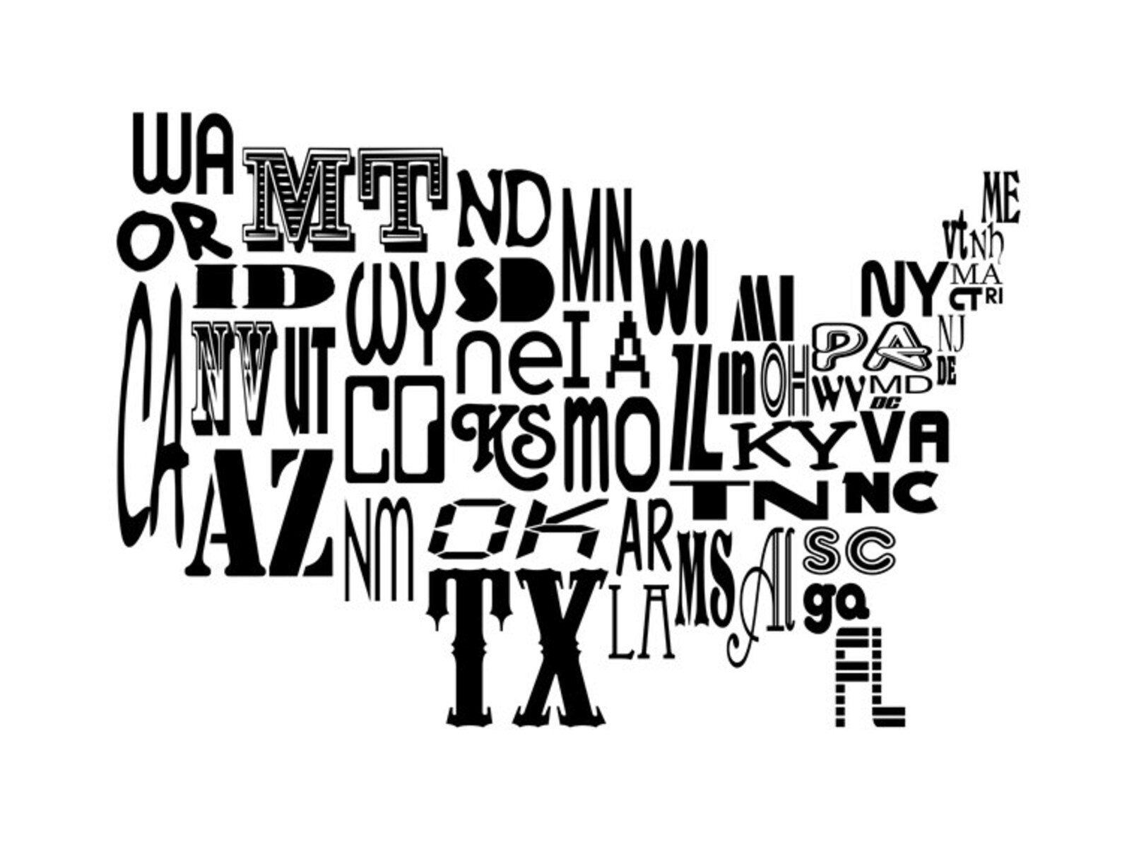 US Stylish State Code Typography Map Print | Etsy
