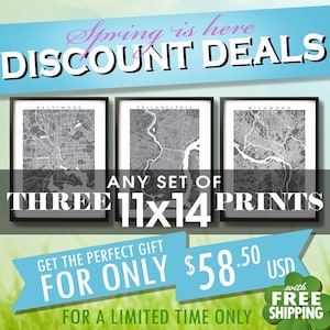 Set of 3 Map Art Prints - Choose Your City - 11x14