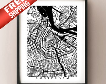 Mapa da cidade de Amsterdã, pôster da Holanda, preto e branco - escolha seu tamanho