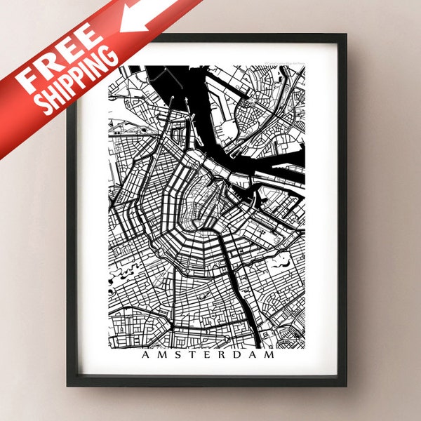 Amsterdam City Map, Netherlands Poster, Black and White - choose your size