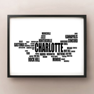 Charlotte Typography Map, North Carolina Text Art Print