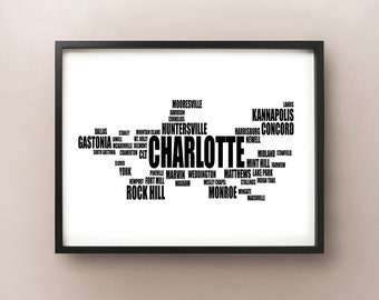 Charlotte Typography Map, North Carolina Text Art Print