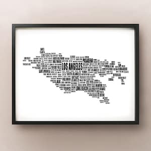 Los Angeles Typography Map, LA Text Art Print, Orange-Long Beach City Font - Choisissez la couleur et la taille